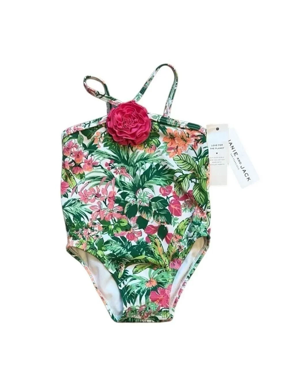 Janie and Jack Floral Kids Swimsuit - Green and Pink Size 12-18 months
